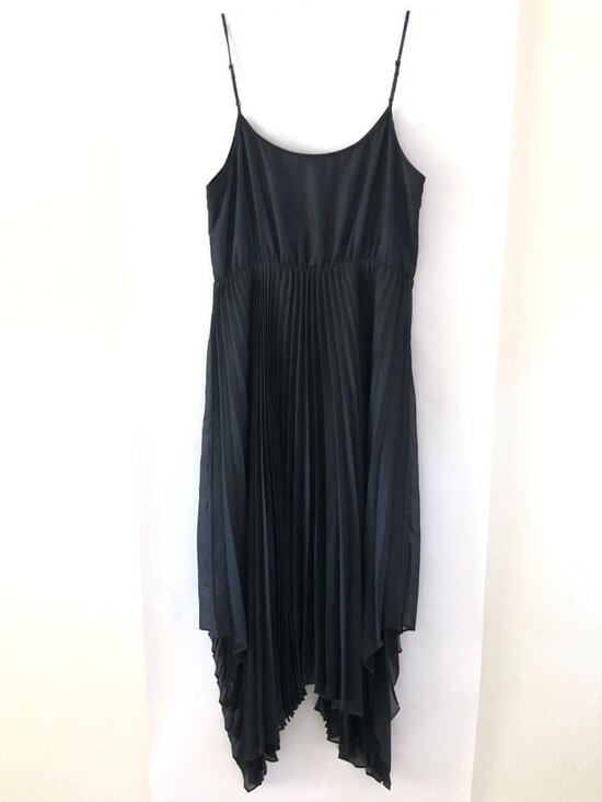 All Saints Lerin Women Black Asymmetric Midi Maxi Dress Size M Pleated Metallic - Picture 8 of 14